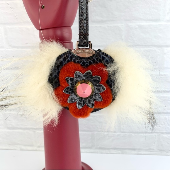 Authentic FENDI Mirror Floral Python Skin Leather Fur Bag Bug Charm - Picture 15 of 16